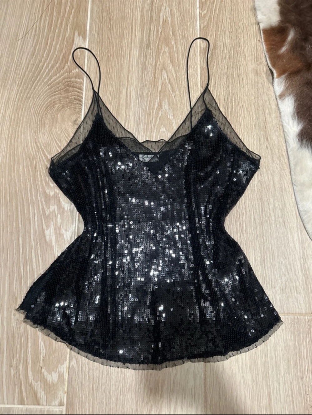 Free People Black Sequin Mesh Cami Top